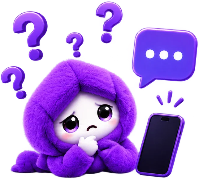 Puzzled purple AiMi surrounded by question marks