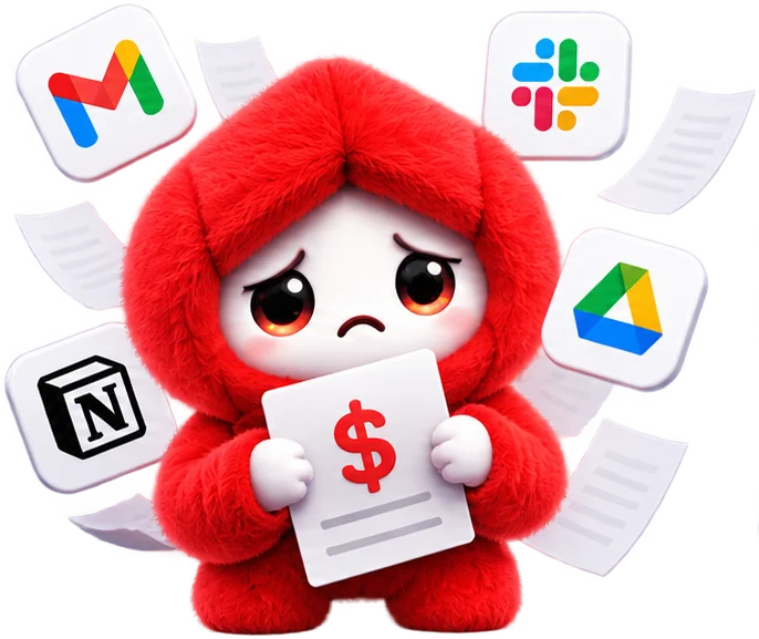 Sad red AiMi holding a bill, surrounded by app icons