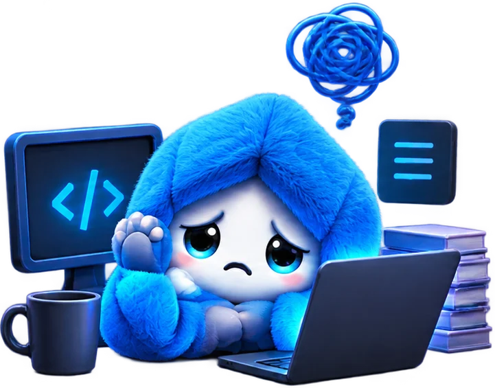 Tired blue AiMi stuck at a desk with a laptop