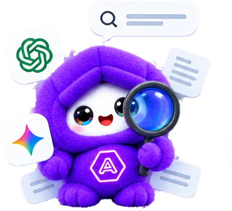 Purple AiMi with a magnifying glass
