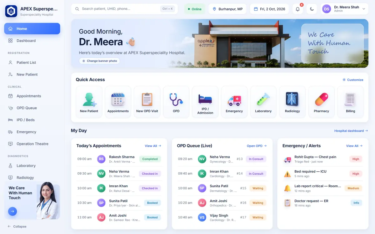 APEX HMS Home screen — greeting, quick access and today’s work